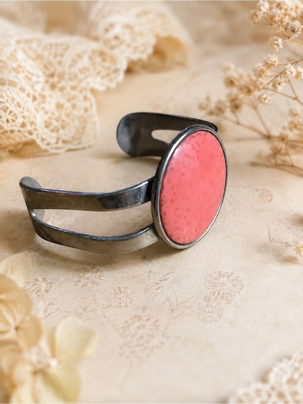 Vintage Celebrity N.Y. Silver Tone Cuff Bracelet Large Coral Pink Caboch